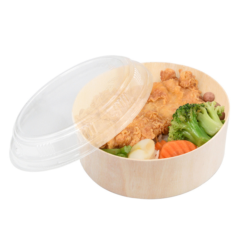 Eco-Friendly Disposable Biodegradable Wooden Salad Bowl Round Take Away Cake Cheese Charcuterie Lunch Bento Food Packaging Box