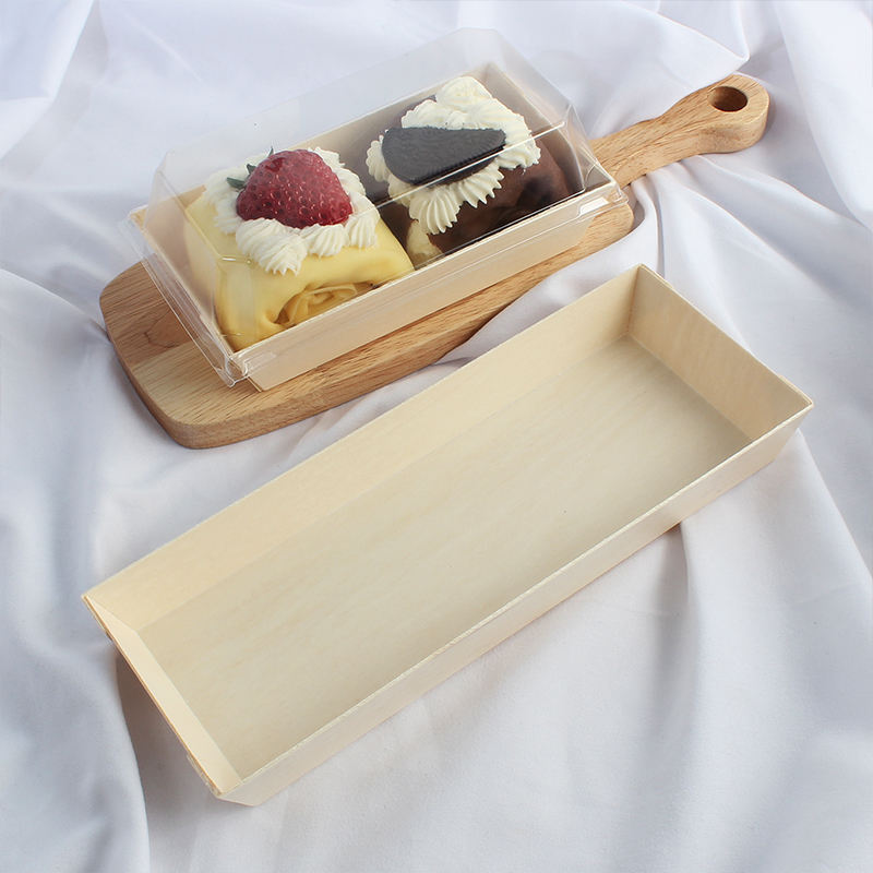 Biodegradable Wooden Food Container Dessert Bakery Pastry Cake Veneer Cheese Sushi Charcuterie Board Packing Box With Clear Lid