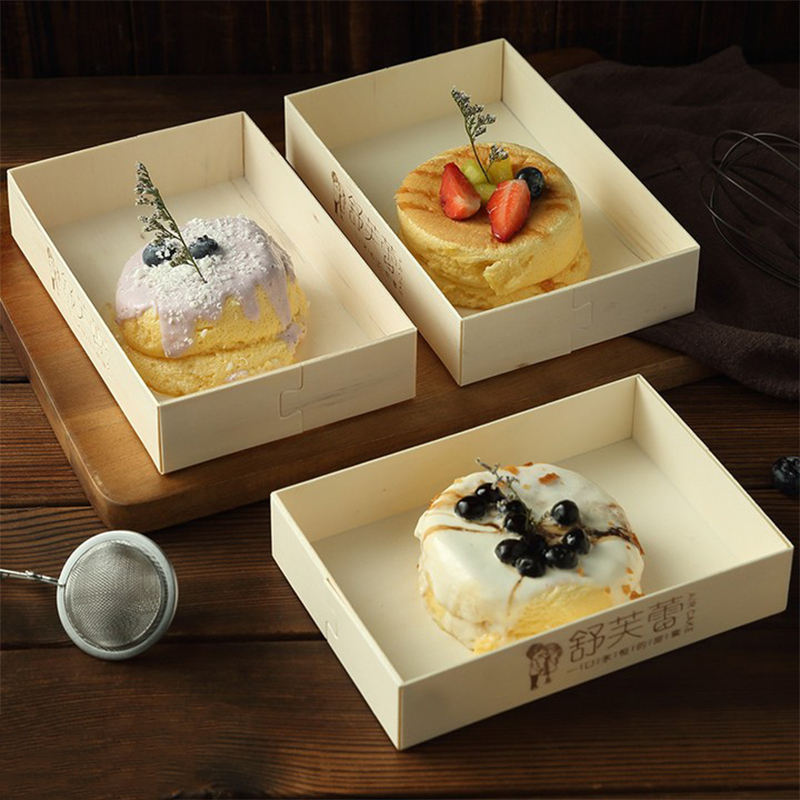 Biodegradable Wooden Food Container Dessert Bakery Pastry Cake Veneer Cheese Sushi Charcuterie Board Packing Box With Clear Lid