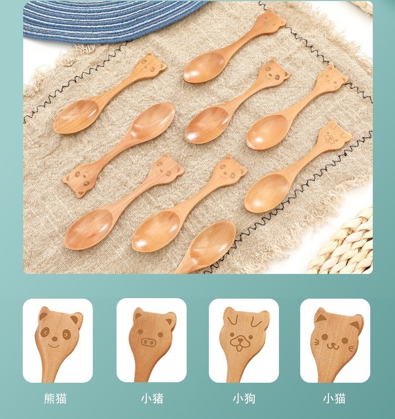 Eco Friendly 	Cartoon Souvenir Mini Wood Baby Dinner Spoon Set Custom LOGO Seasoning Wooden Dessert Ice Cream  Spoon