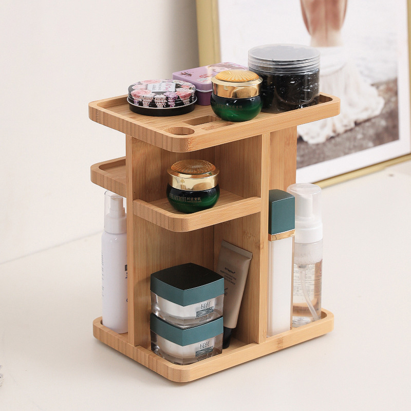 2022 New Arrivals 2 Tier Bamboo Makeup Organizer Cosmetics Storage Display Bathroom Tower Shelf Skincare Organizer And Storage