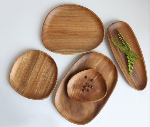 Household Kitchen Items Accessories Wooden Serving Plate Set Acacia Wood Irregular Shaped Dish And Plate