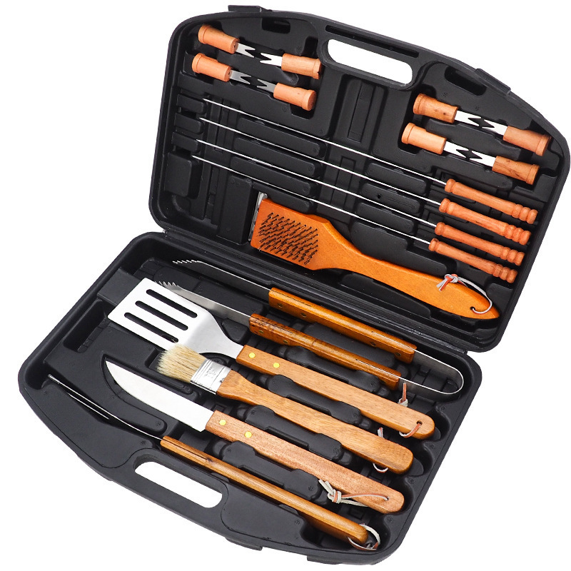 Factory Wooden Handle 19 P C S  Grill Accessories Stainless Steel Barbecue Set BBQ Tool Set With Carry Case