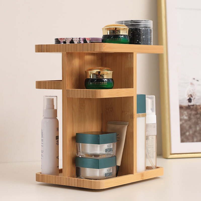 2022 New Arrivals 2 Tier Bamboo Makeup Organizer Cosmetics Storage Display Bathroom Tower Shelf Skincare Organizer And Storage