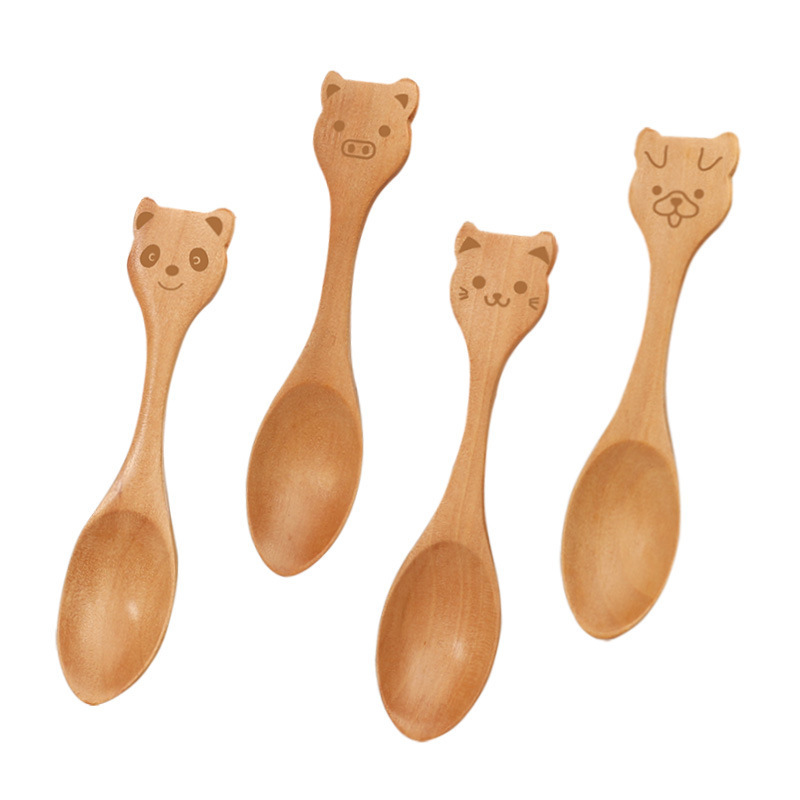 Eco Friendly 	Cartoon Souvenir Mini Wood Baby Dinner Spoon Set Custom LOGO Seasoning Wooden Dessert Ice Cream  Spoon