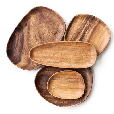 Household Kitchen Items Accessories Wooden Serving Plate Set Acacia Wood Irregular Shaped Dish And Plate