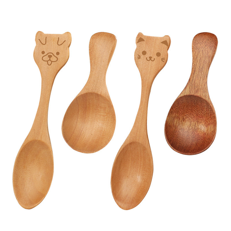 Eco Friendly 	Cartoon Souvenir Mini Wood Baby Dinner Spoon Set Custom LOGO Seasoning Wooden Dessert Ice Cream  Spoon