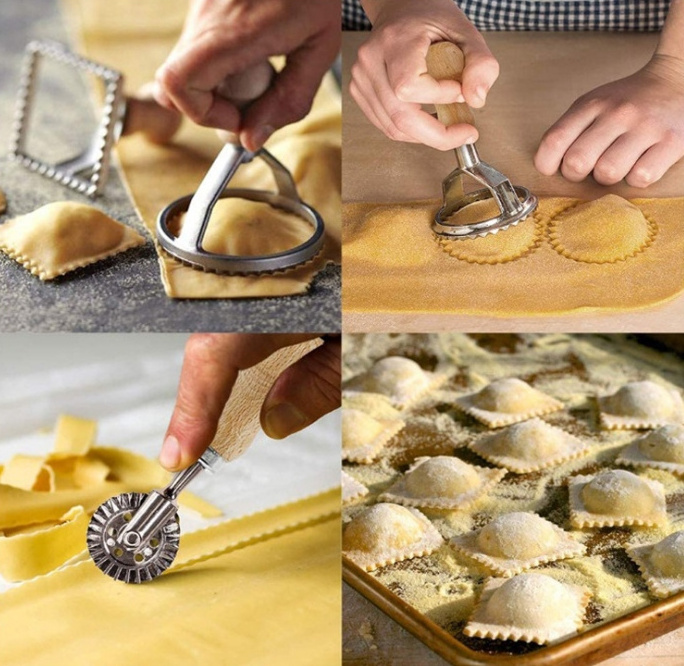 Kitchen Baking Dumpling Lace Embossing Stamp Press Wheel Pasta Making Children Ravioli Maker Cutter Set With Wooden Handle