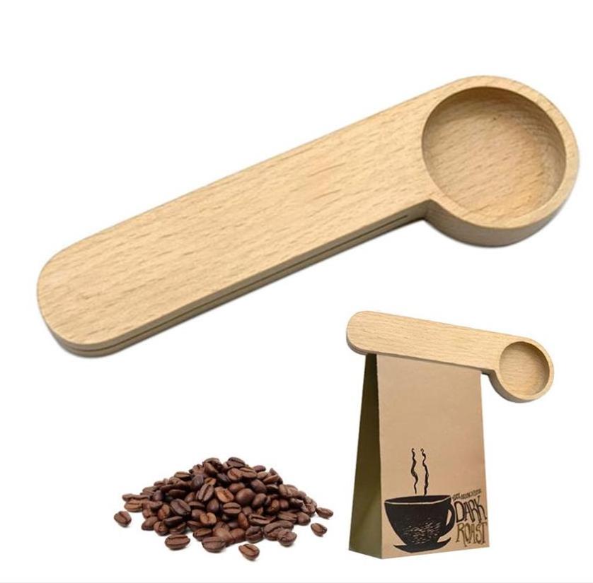 Hot Sale Customized Logo Long Handle Natural Beech Wood Coffee Measuring Spoon with Bag Clip