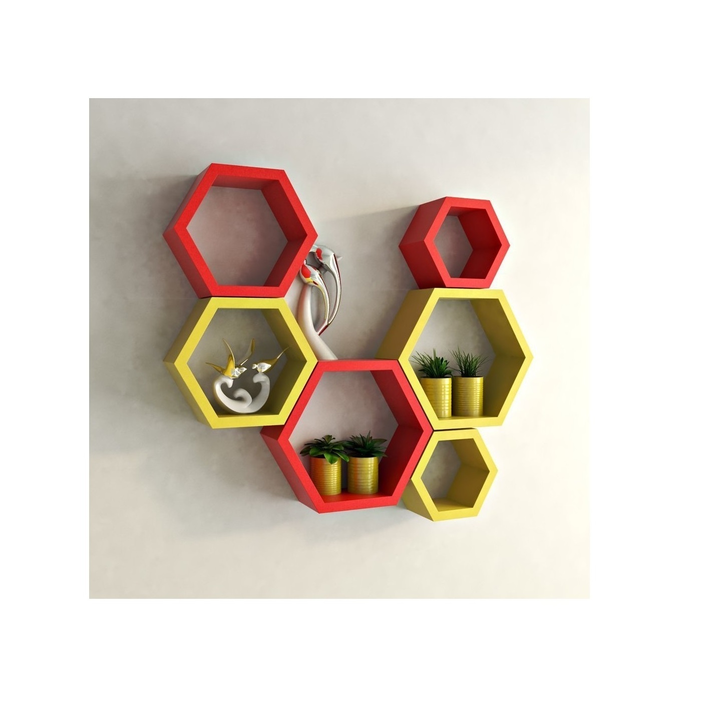 red and white Hexagon wall shelf set of 6 Decorative Wall Shelves Perfect for Your Home Interior or Gift