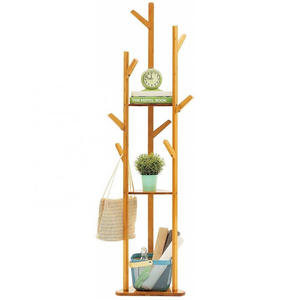 Bamboo Tree Garment Clothes Coat Hat Umbrella Portable Hanger Stand Rack with 3 Tier Storage Shelves and Hooks