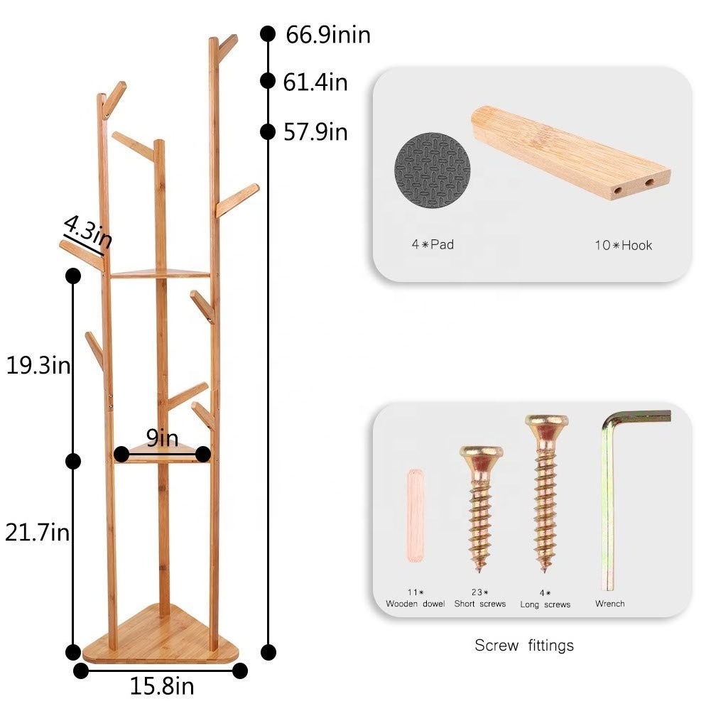 Bamboo Tree Garment Clothes Coat Hat Umbrella Portable Hanger Stand Rack with 3 Tier Storage Shelves and Hooks