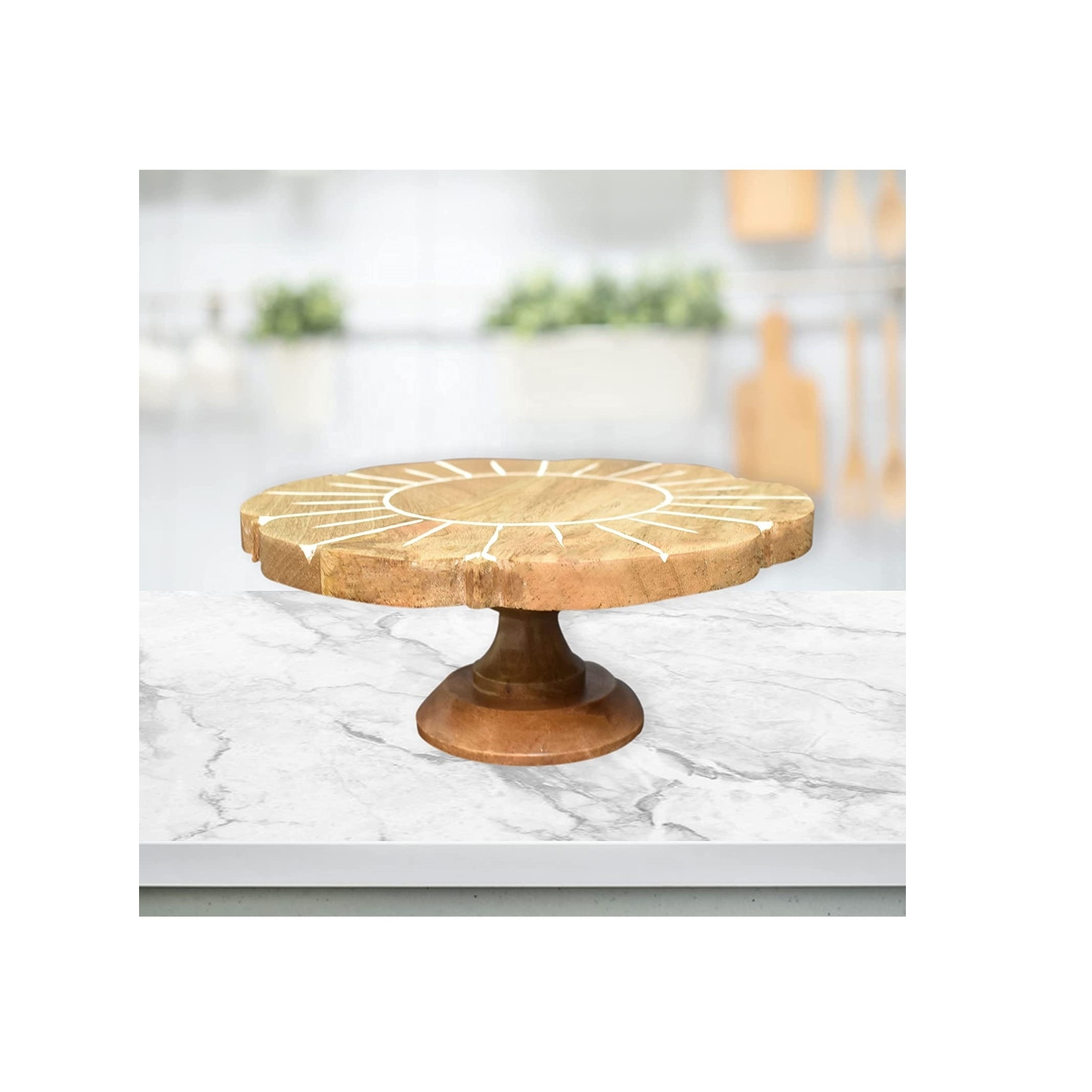 Natural Wood Textured Center Table with a Unique Design Solid Mango Wood Pedestal Cake Stand