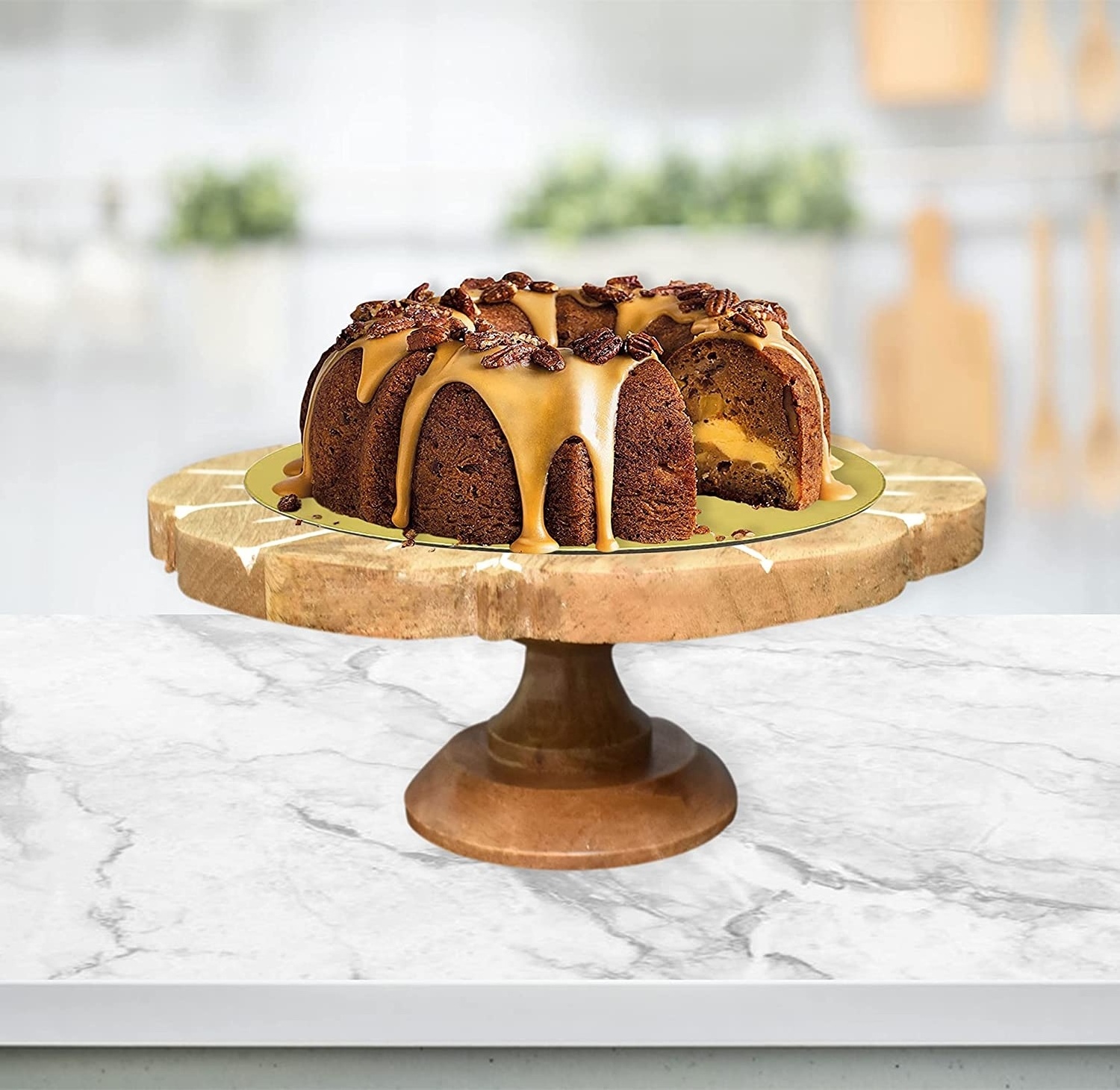 Natural Wood Textured Center Table with a Unique Design Solid Mango Wood Pedestal Cake Stand