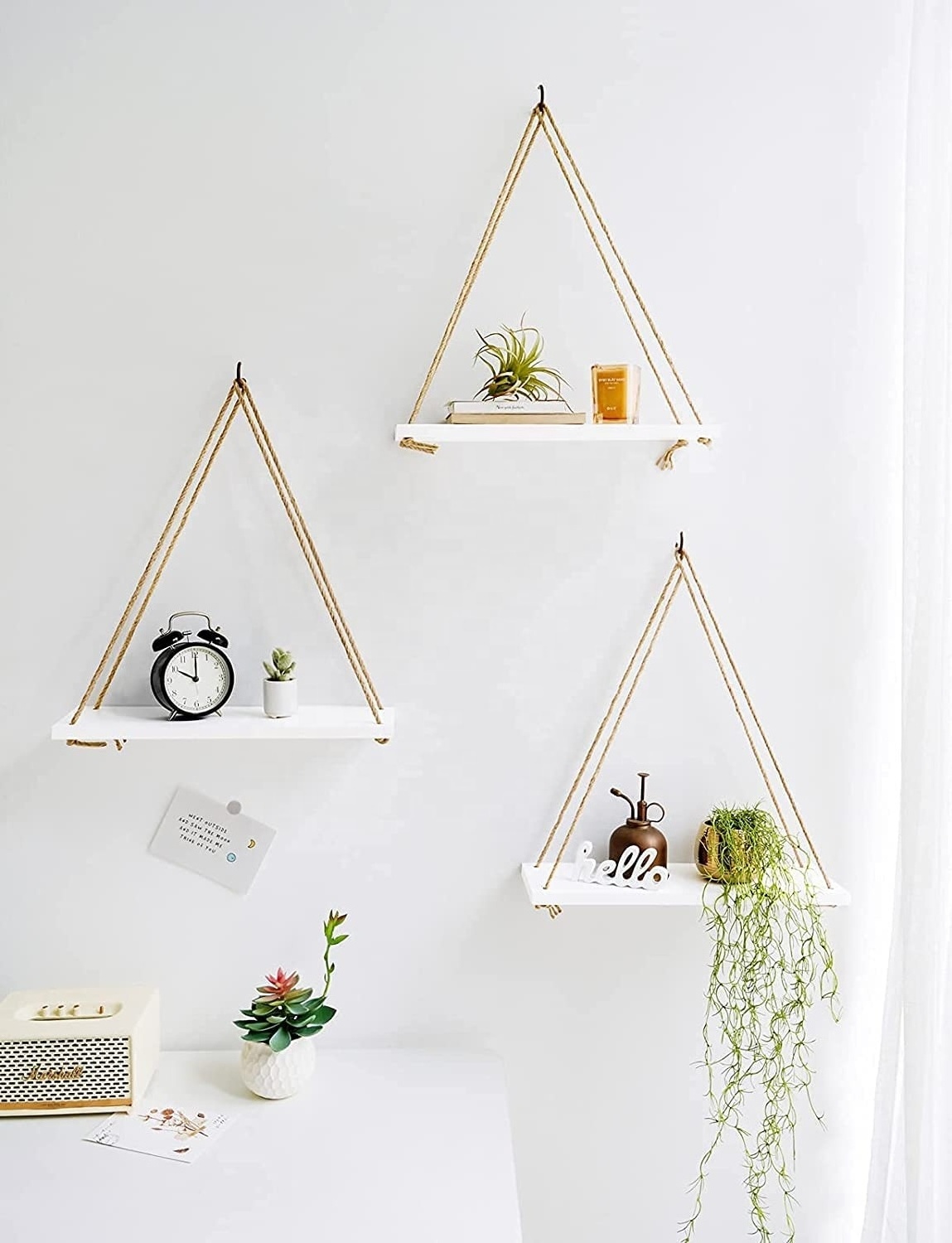 Living Room Wooden Hanging Swing Rope Floating Shelves Rope hanging shelf wall rope wall mount shelf