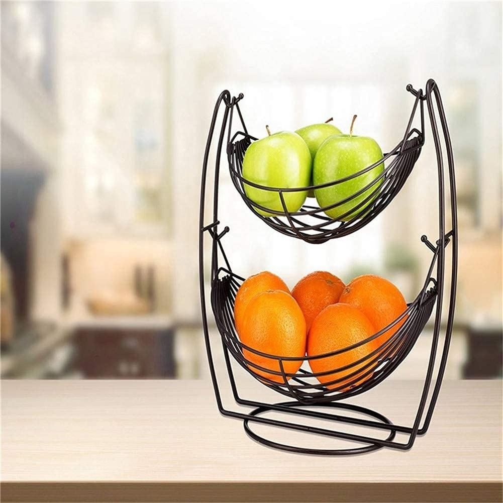 Black Double Hammock 2 Tier Fruit and vegetable Produce Metal Basket Rack Display Stand