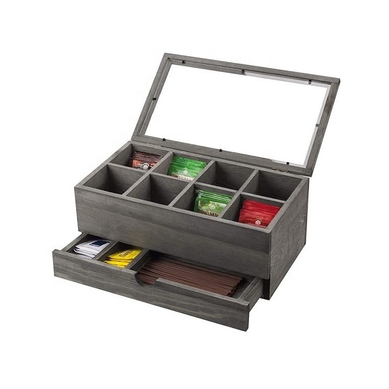 Wooden Tea Bag Storage Box with 8 Compartments with Clear Acrylic Lid and Latch