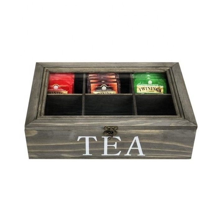 Wooden Tea Bag Storage Box with 8 Compartments with Clear Acrylic Lid and Latch