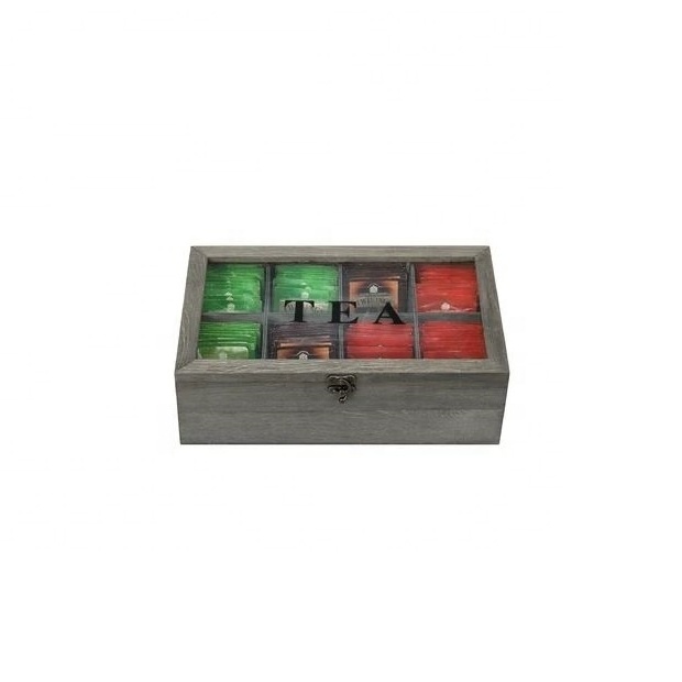 Wooden Tea Bag Storage Box with 8 Compartments with Clear Acrylic Lid and Latch