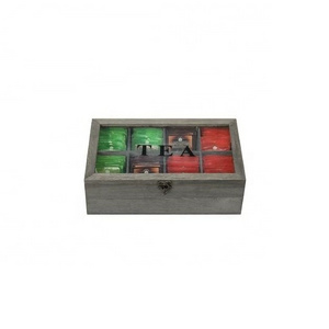 Wooden Tea Bag Storage Box with 8 Compartments with Clear Acrylic Lid and Latch