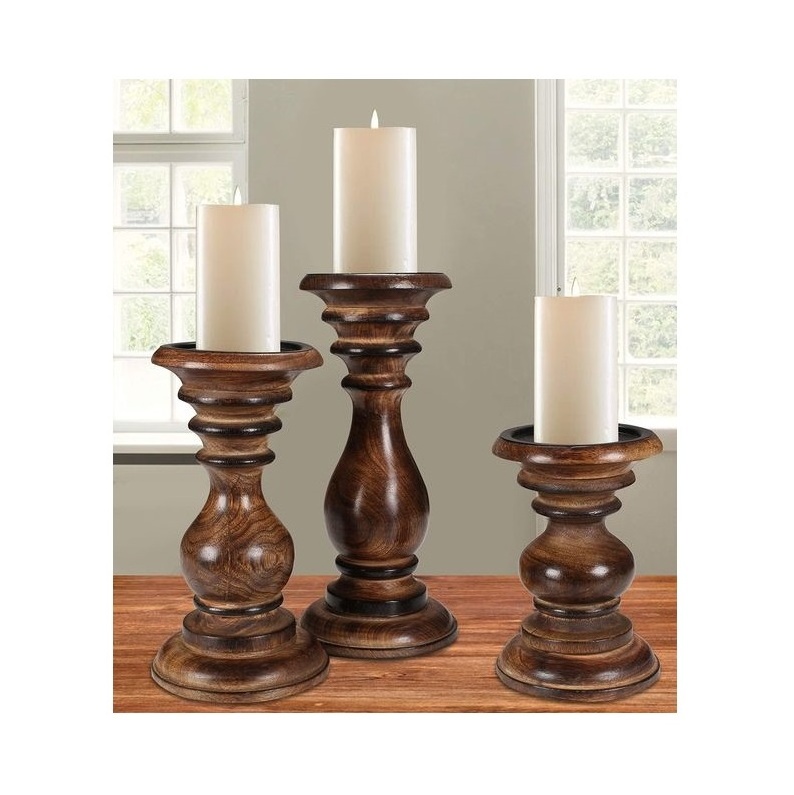 Classic Mango Wood Candlestick Candle Holders Stand Candle holder Candle Decoration for Flameless Wooden Pillar