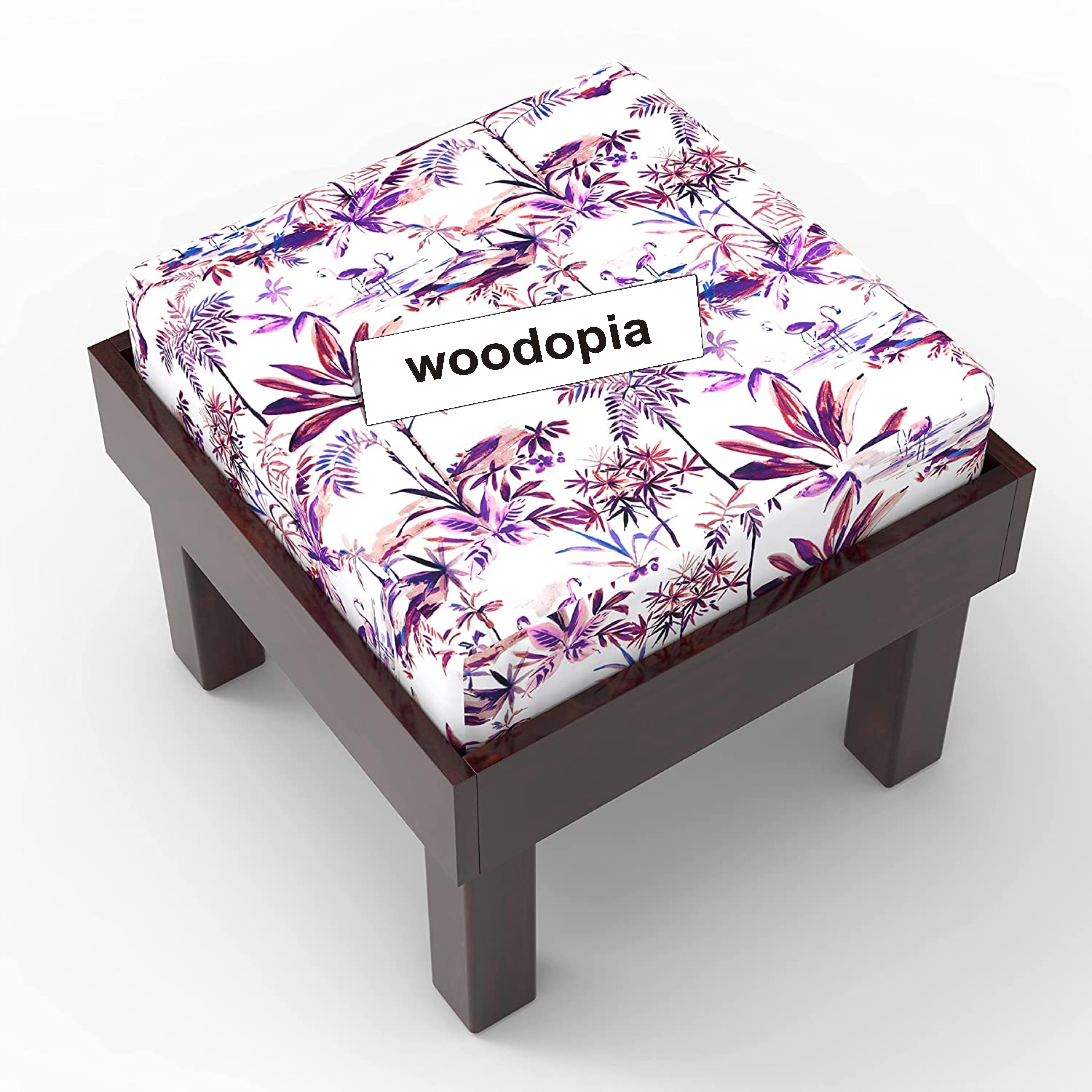 Solid Sheesham Wood Curved Low foot rest Printed Wooden Cushioned Stool