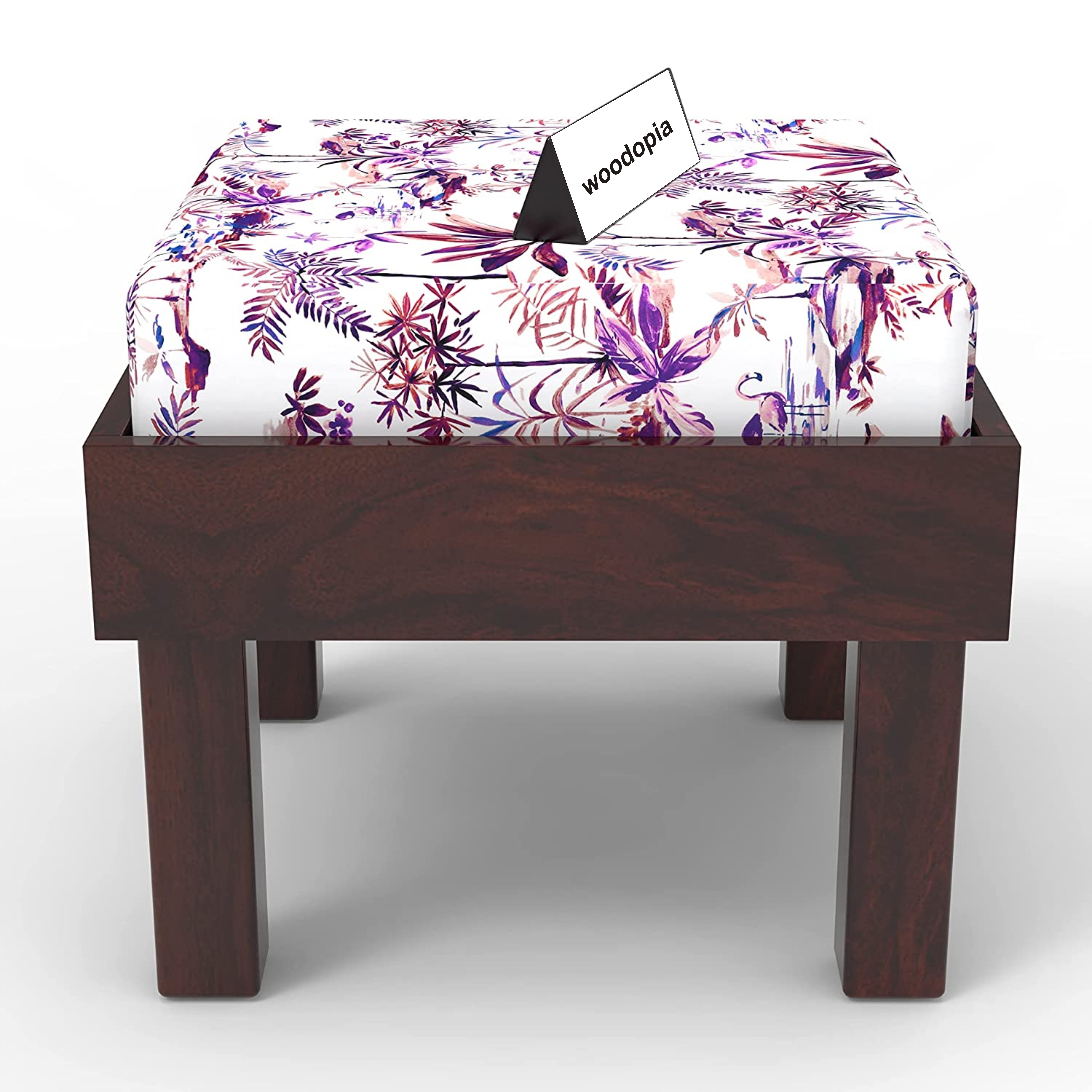 Solid Sheesham Wood Curved Low foot rest Printed Wooden Cushioned Stool