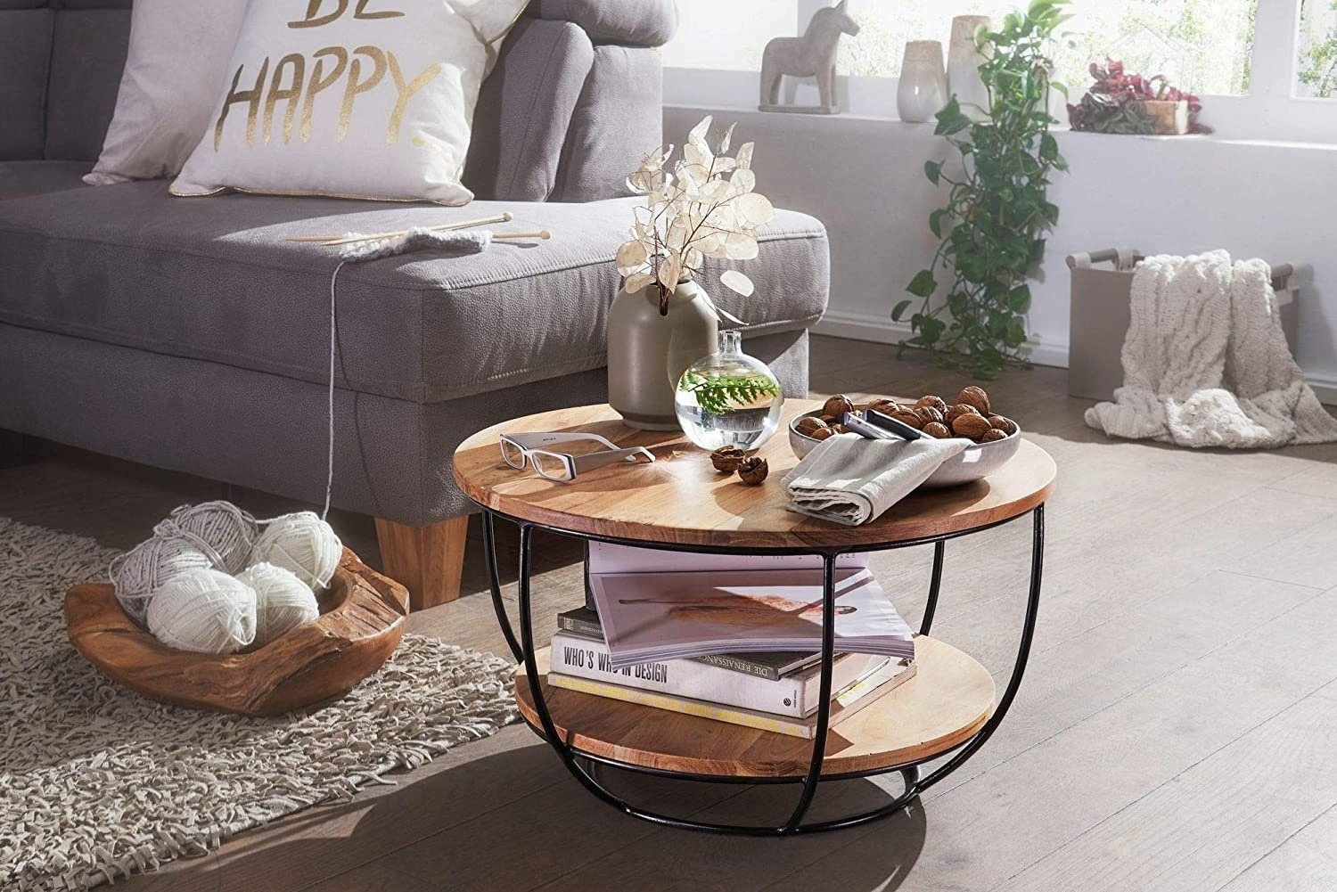 Acacia Solid Wood Metal Sofa Table Design Living Room Table Round House Table Industrial Brown