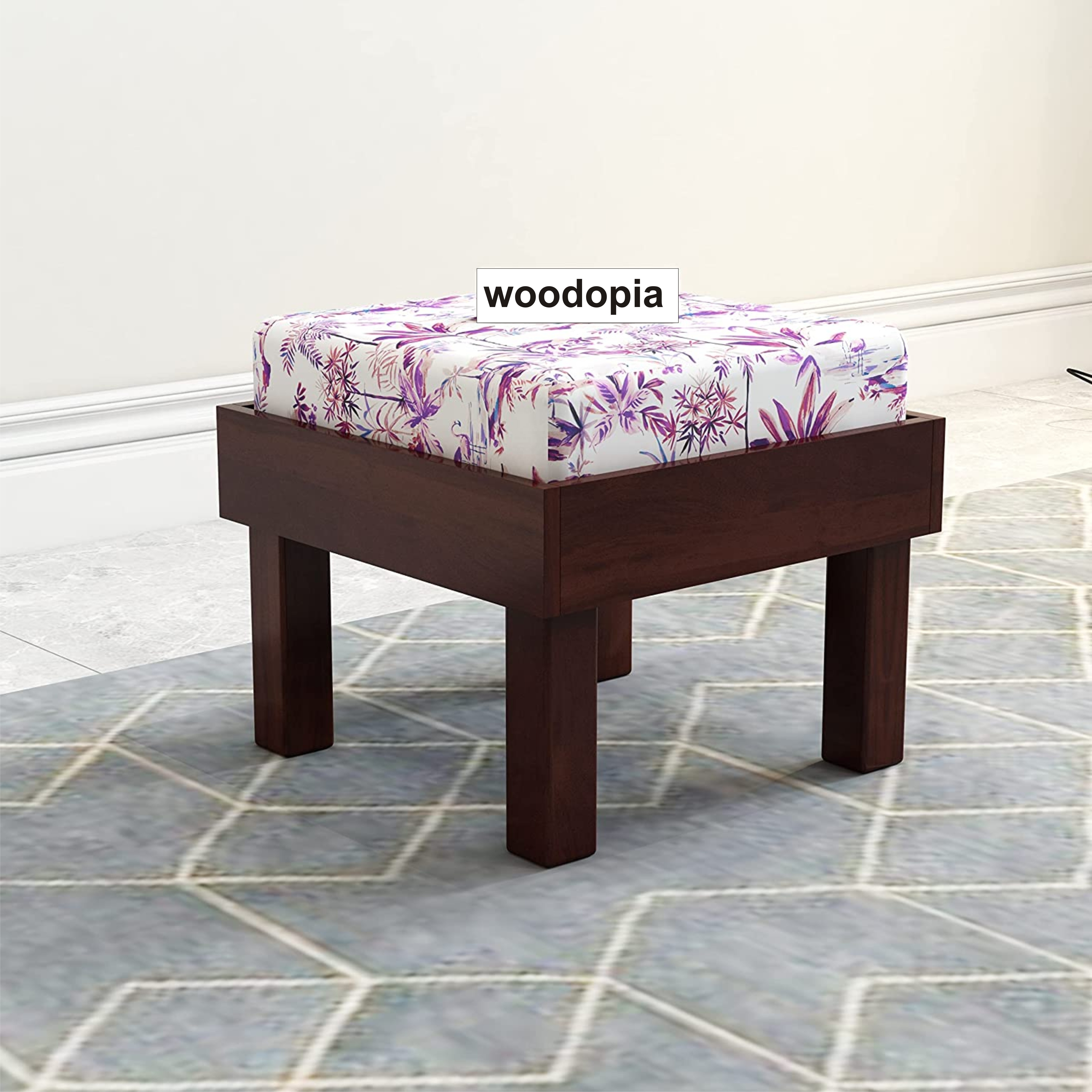 Solid Sheesham Wood Curved Low foot rest Printed Wooden Cushioned Stool