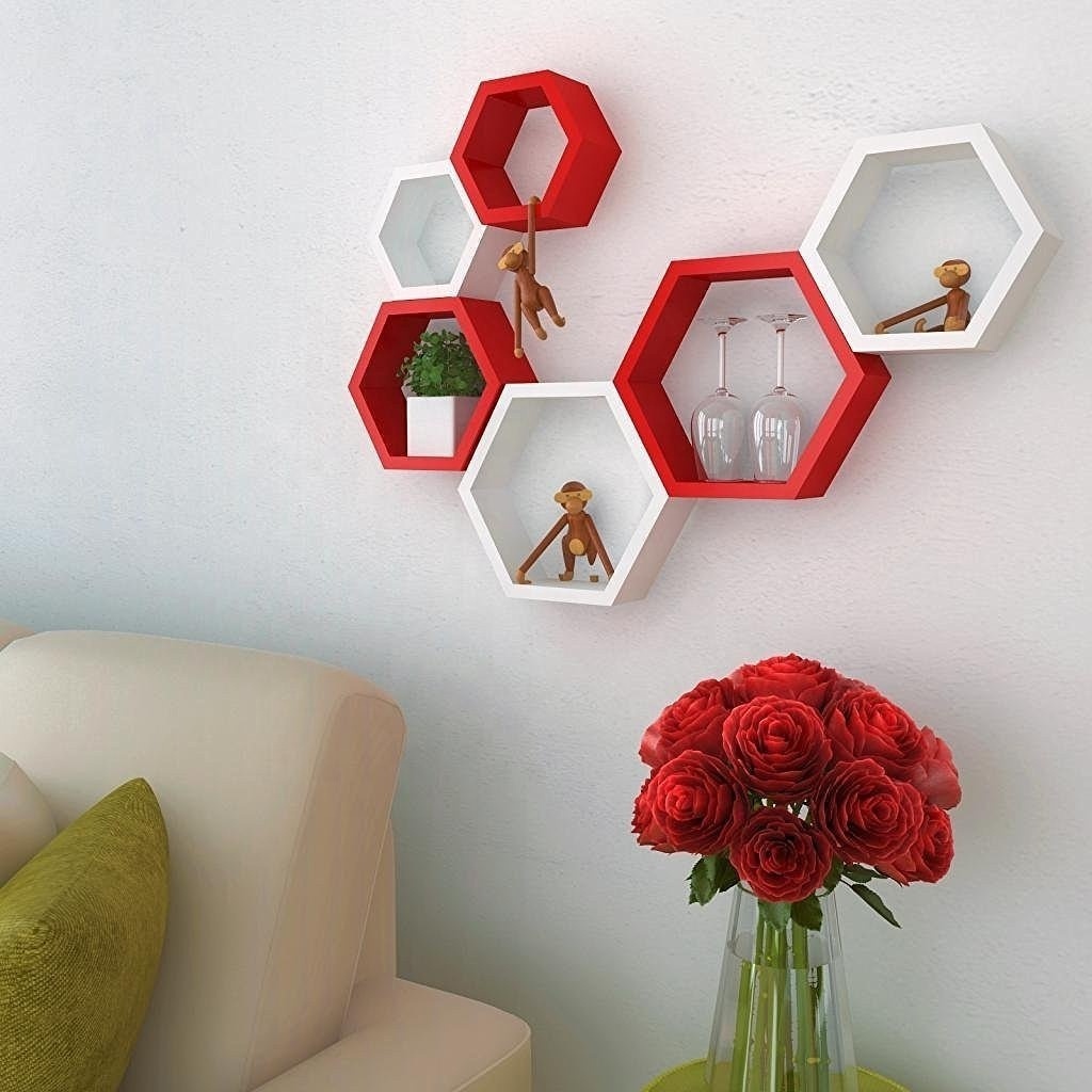 Decoration Items for Living Room Hexagon Wall Shelves Set of 6 red & White Wall Shelves