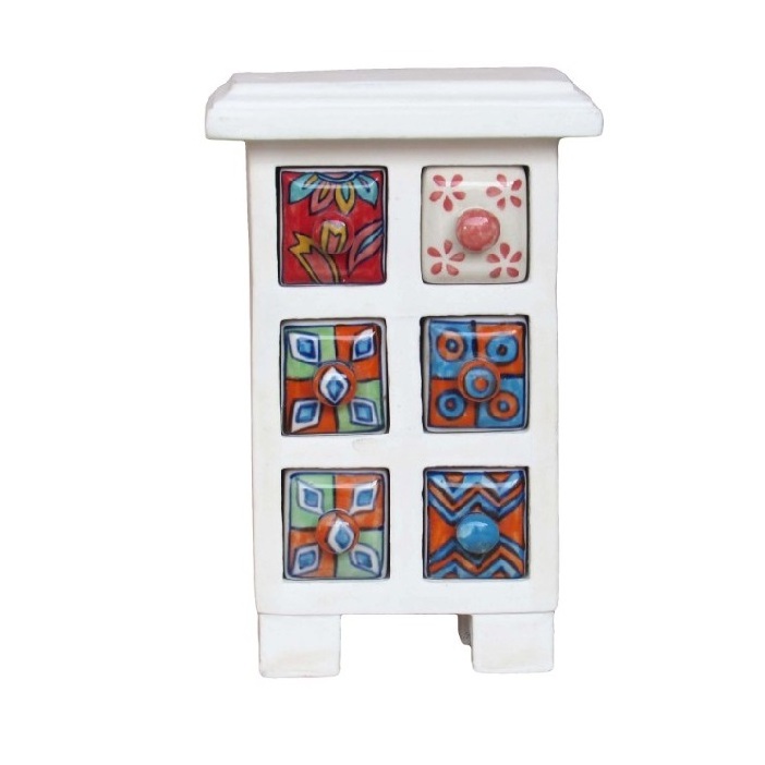 Wooden Chest Tower with 8 Colorful Ceramic Drawers Multipurpose Storage Dressing Table Organizer