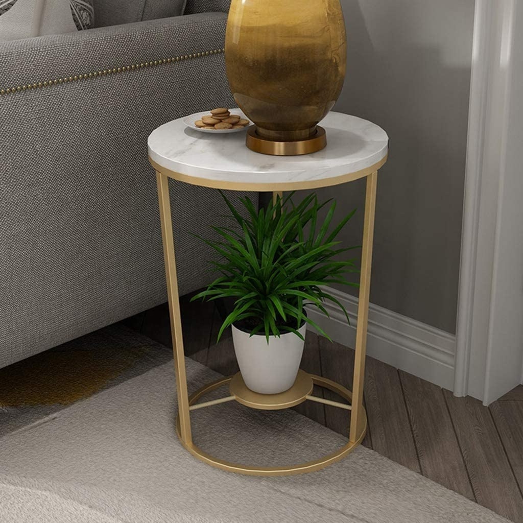 Home Decor Furniture 2 Tier Corner Side End Table Small Marble Coffee Table with Round Iron Shelf