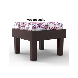 Solid Sheesham Wood Curved Low foot rest Printed Wooden Cushioned Stool