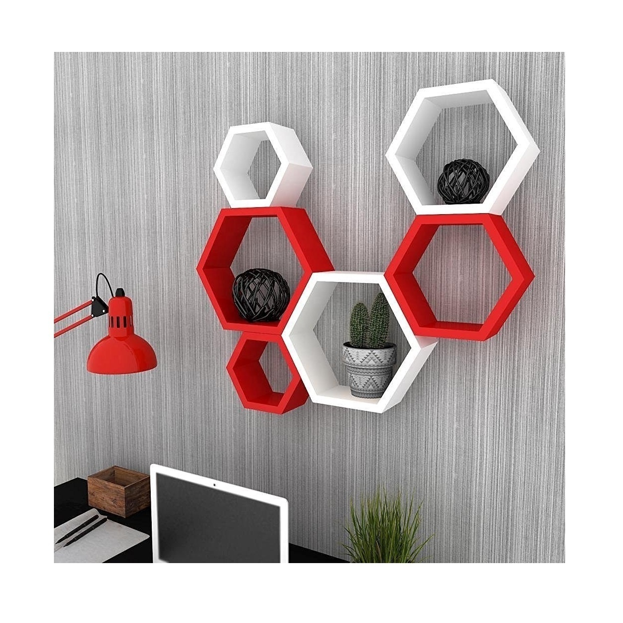 Decoration Items for Living Room Hexagon Wall Shelves Set of 6 red & White Wall Shelves