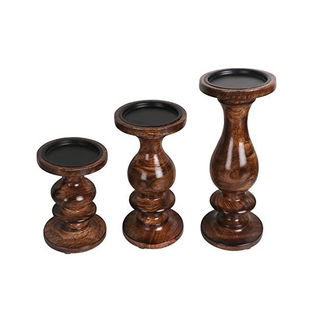 Classic Mango Wood Candlestick Candle Holders Stand Candle holder Candle Decoration for Flameless Wooden Pillar