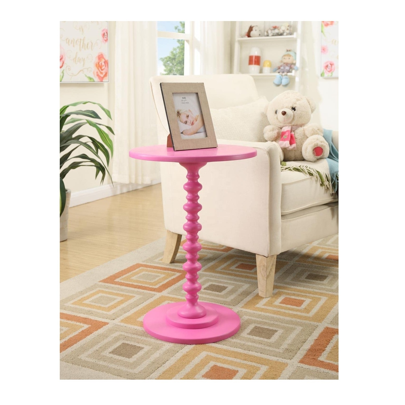 wooden round carving fully folding coffee and side table solid wood side table pink shade