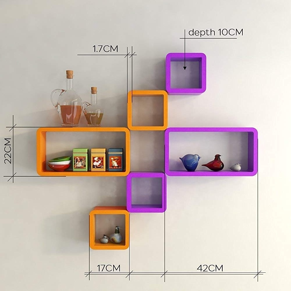 Home show wall stand Wooden Wall Shelf Cube Wall Shelf Orange & Purple Decoration Shelf Set of 6 Cube & Rectangle