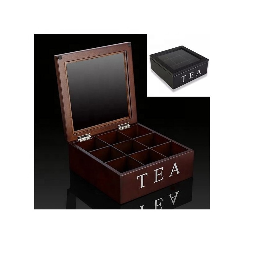 Wooden Tea Storage Box 9 Compartments Wooden Tea Box Hinged Glass Lid Tea Organizer