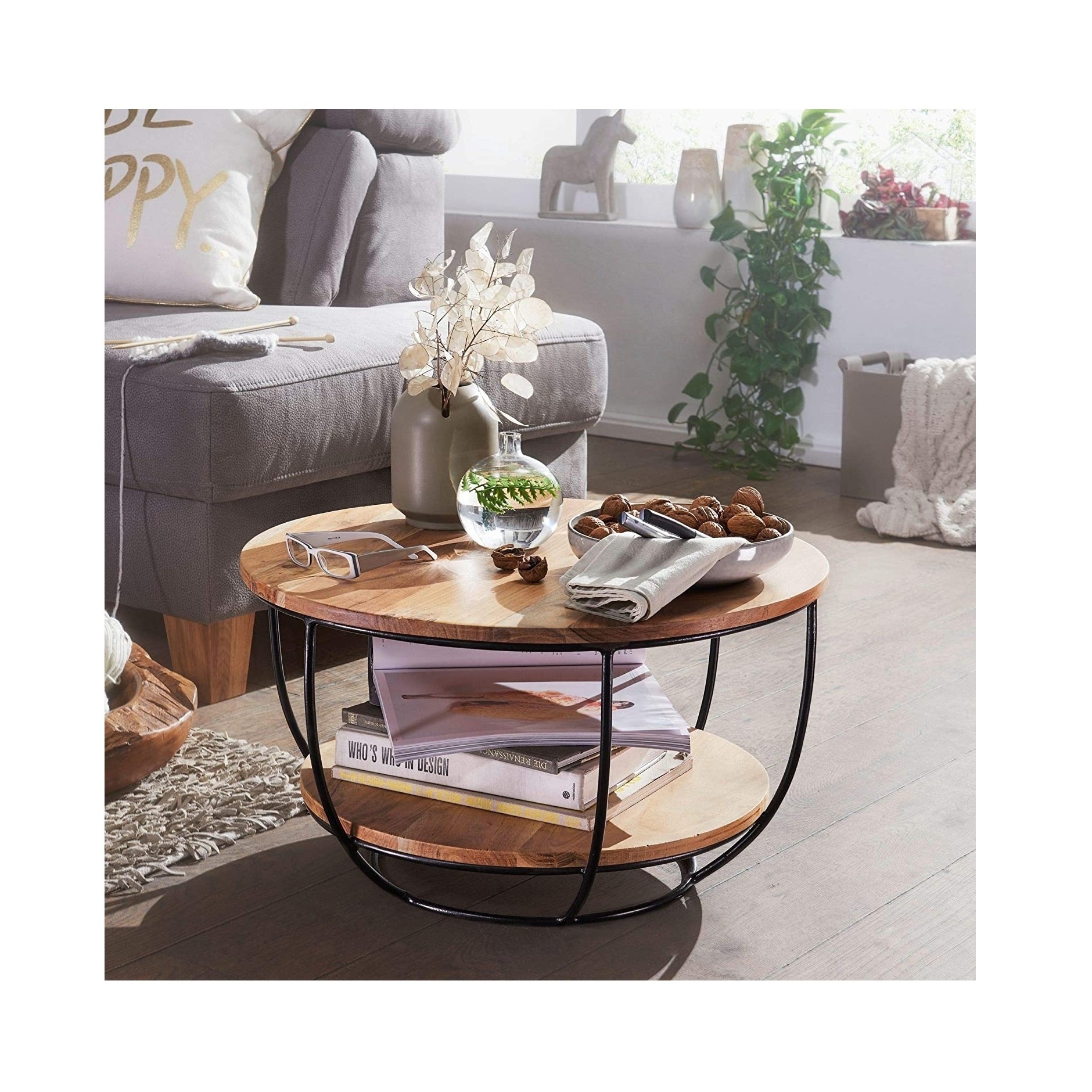 Acacia Solid Wood Metal Sofa Table Design Living Room Table Round House Table Industrial Brown