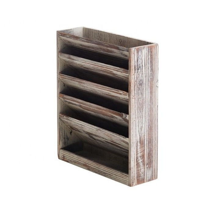 5 Slot Rustic Torched Wood Wall Mounted Magazine and Document Filing Organizer Rack for office