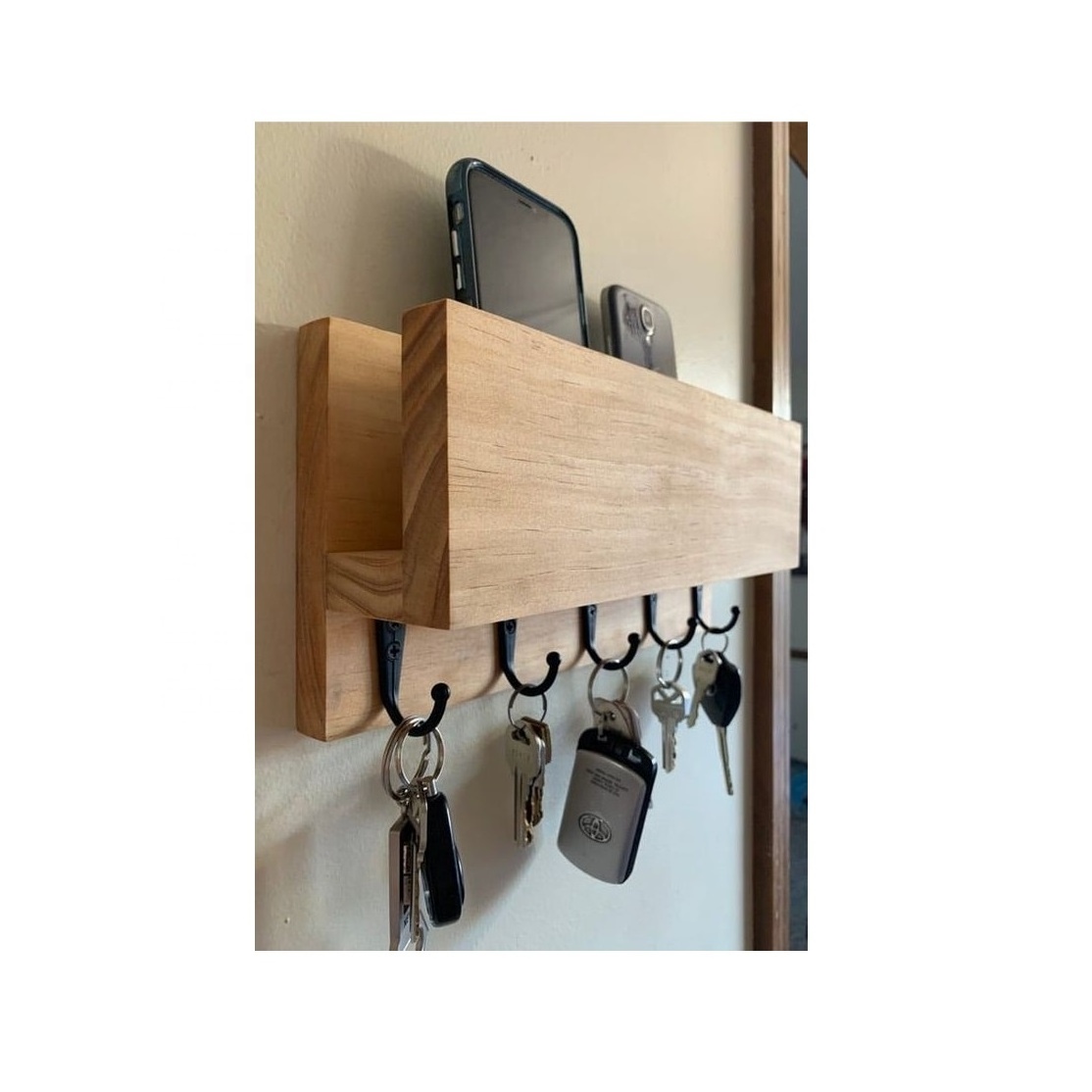 Decorative Key Holder for Wall with Shelf Entryway Shelf with Hooks Holds Leashes Jackets and Glasses Sturdy Wood Key holder