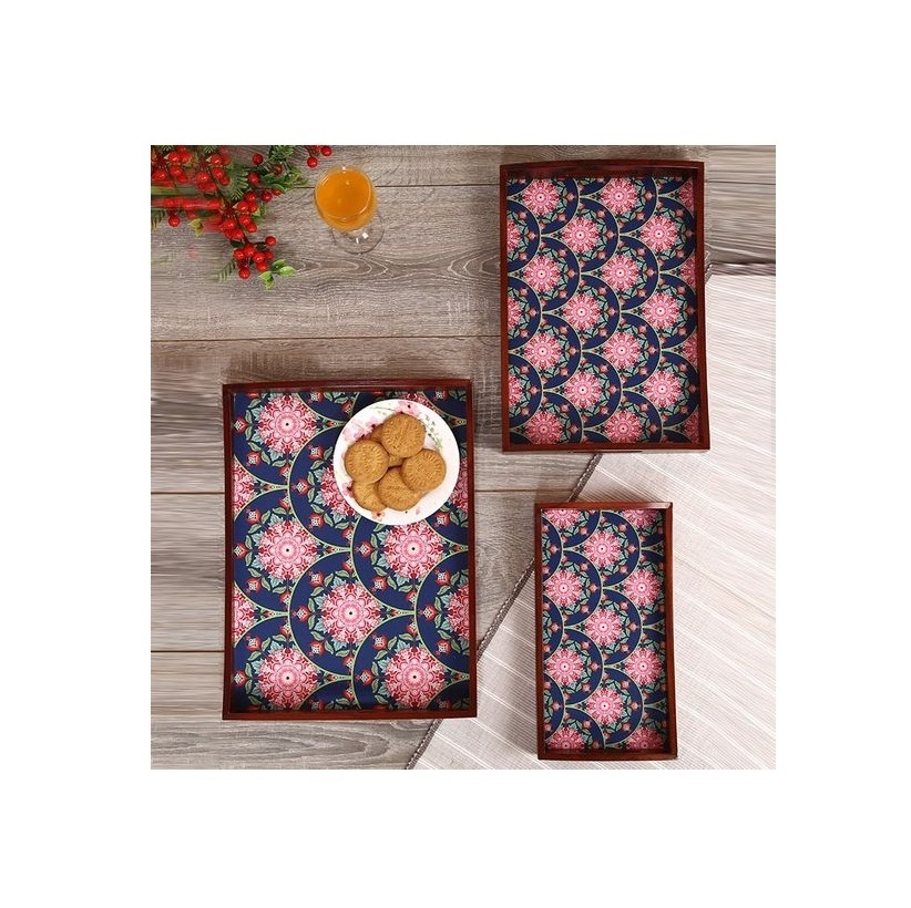 Wooden Floral Coffee Tray Meena Printed High Standard Demanded Hotel ware Meena Serving Tray With Logo pattern