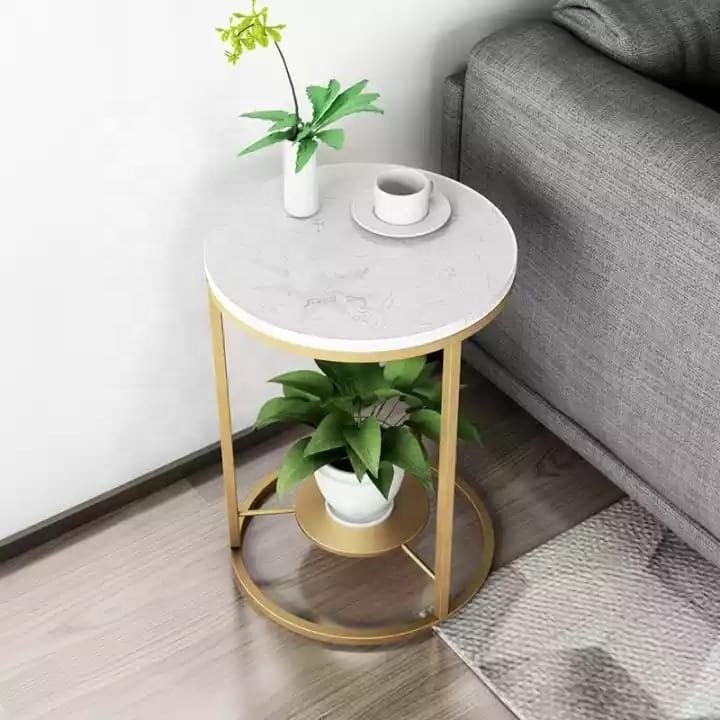 Home Decor Furniture 2 Tier Corner Side End Table Small Marble Coffee Table with Round Iron Shelf