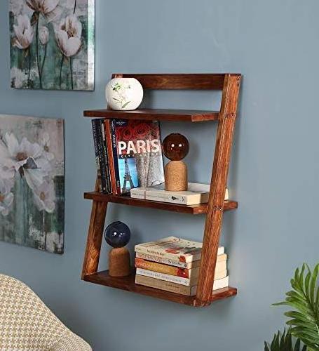 living room 3 tier Leaning Decorative Shelves for Display wood display ladder wooden wall leaning book case