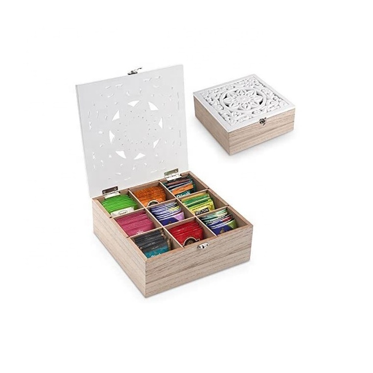 Wooden Tea Storage Box 9 Compartments Wooden Tea Box Hinged Glass Lid Tea Organizer