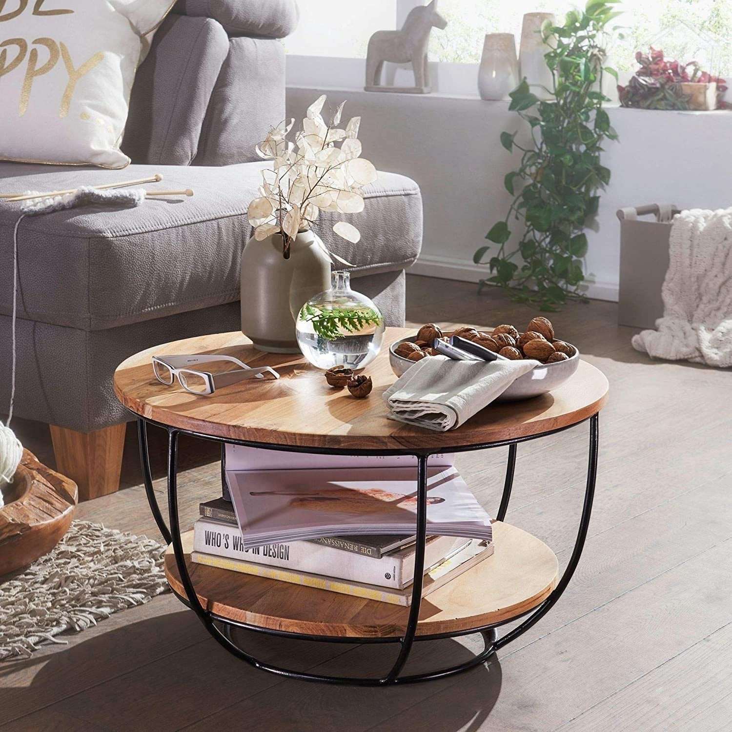 Acacia Solid Wood Metal Sofa Table Design Living Room Table Round House Table Industrial Brown