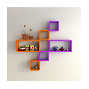 Home show wall stand Wooden Wall Shelf Cube Wall Shelf Orange & Purple Decoration Shelf Set of 6 Cube & Rectangle