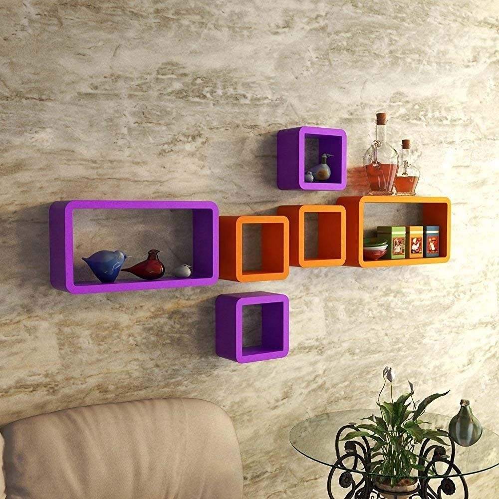 Home show wall stand Wooden Wall Shelf Cube Wall Shelf Orange & Purple Decoration Shelf Set of 6 Cube & Rectangle