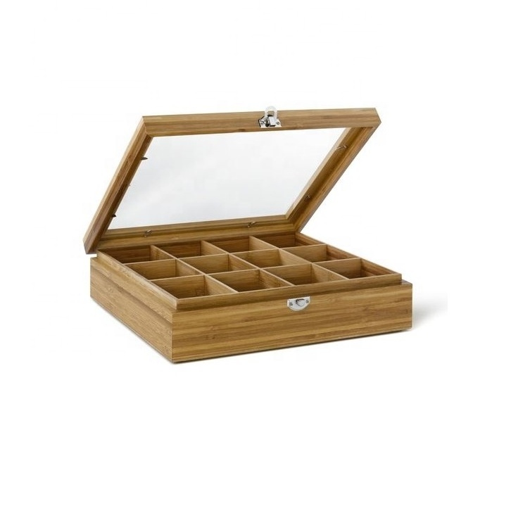 Wooden Tea Storage Box 9 Compartments Wooden Tea Box Hinged Glass Lid Tea Organizer