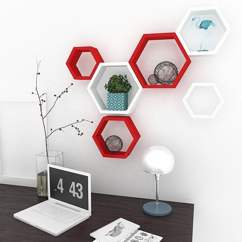 Decoration Items for Living Room Hexagon Wall Shelves Set of 6 red & White Wall Shelves